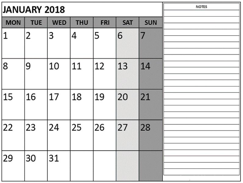 January 2018 Printable Calendar Template