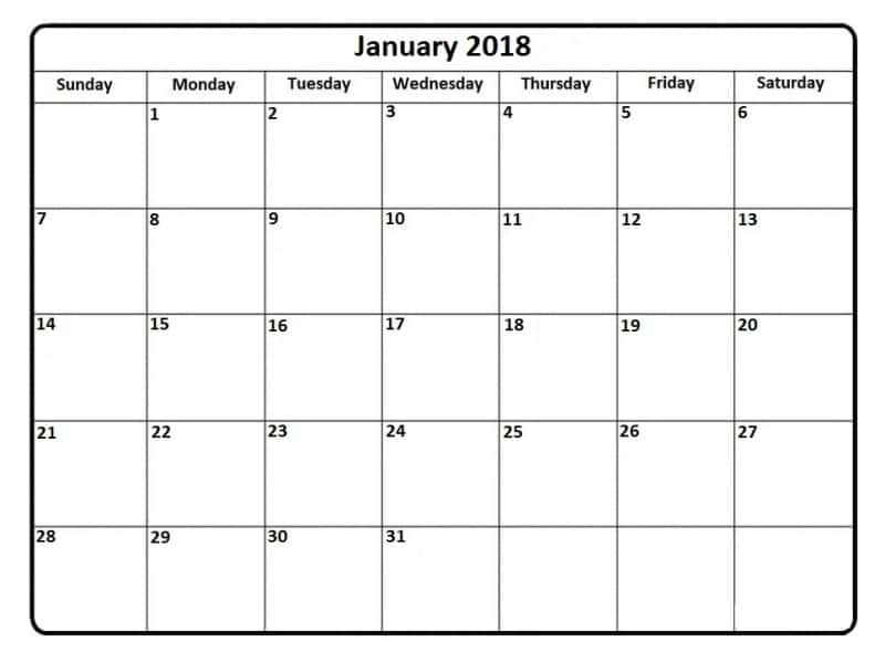January 2018 Printable Calendar Template