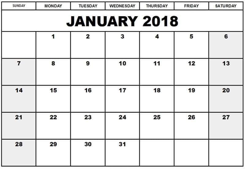 January Calendar 2018 Printable