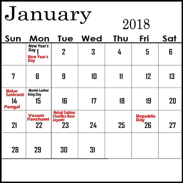 January Calendar 2018 With Holidays Template