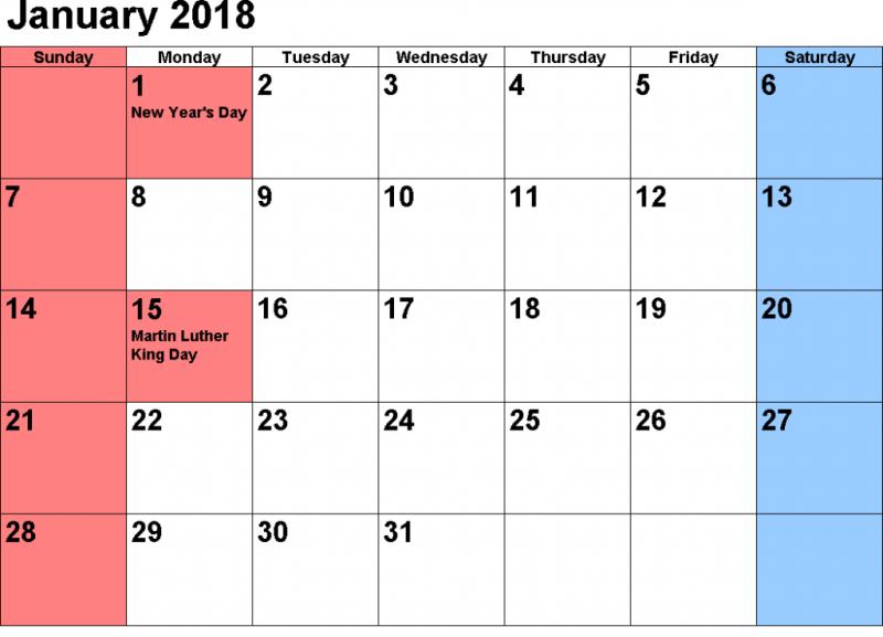 January Calendar 2018 With Holidays