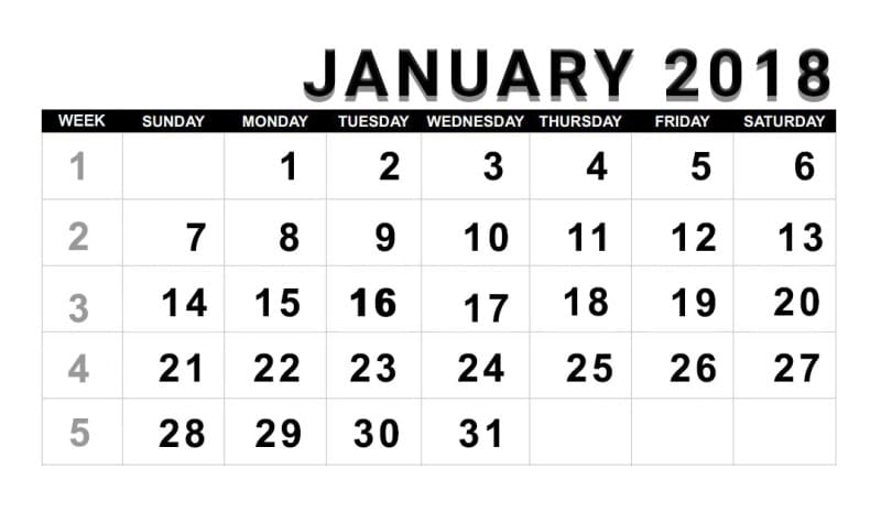 January Calendar 2018