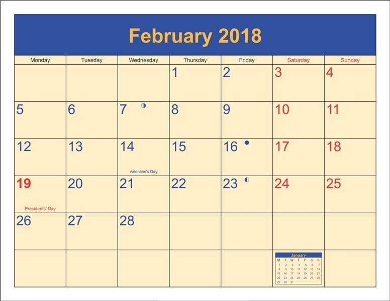 January February 2018 Calendar Printable