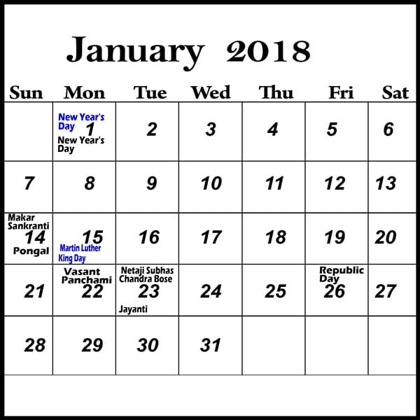 Printable January 2018 Calendar Template