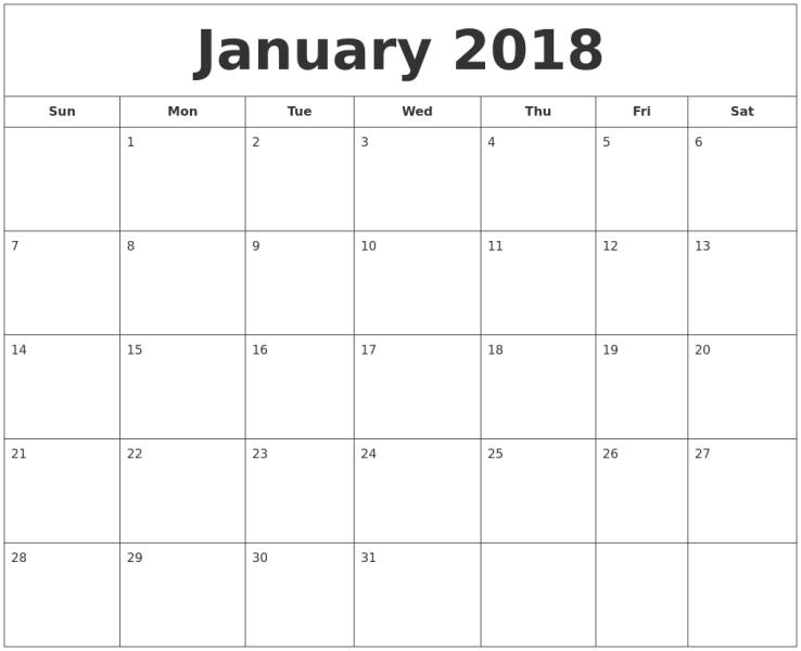 Printable January 2018 Calendar Template