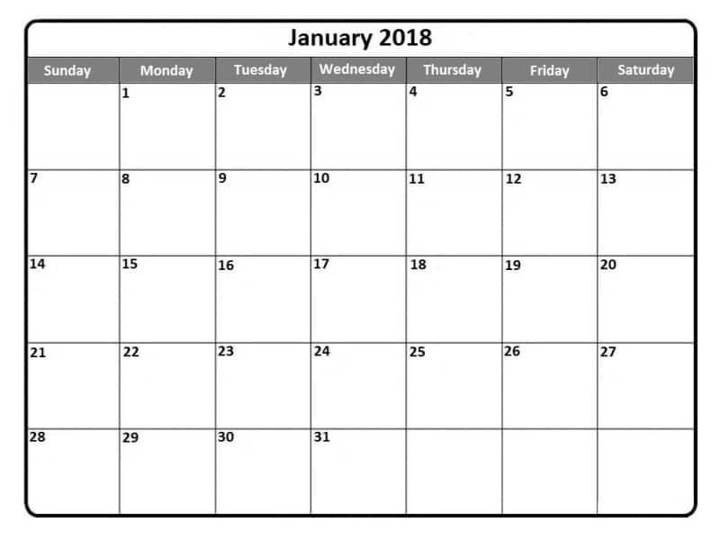 Printable January Calendar 2018