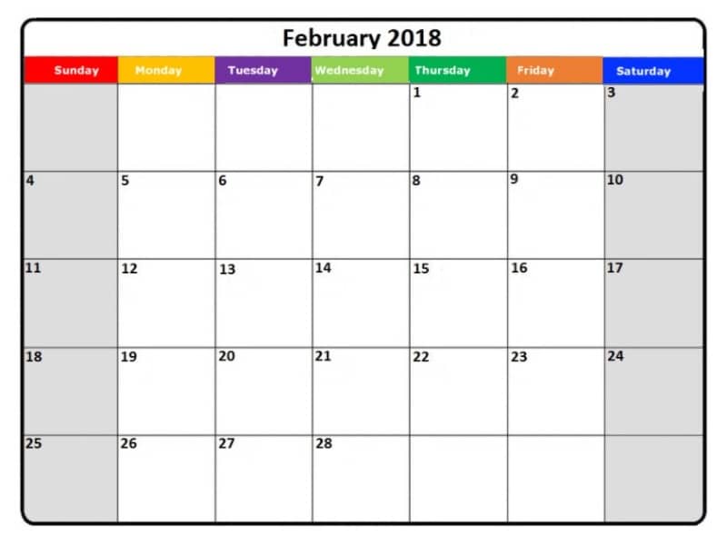 2018 February Calendar Printable