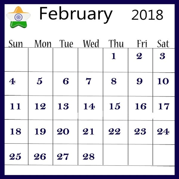 2018 February Calendar Printable Template