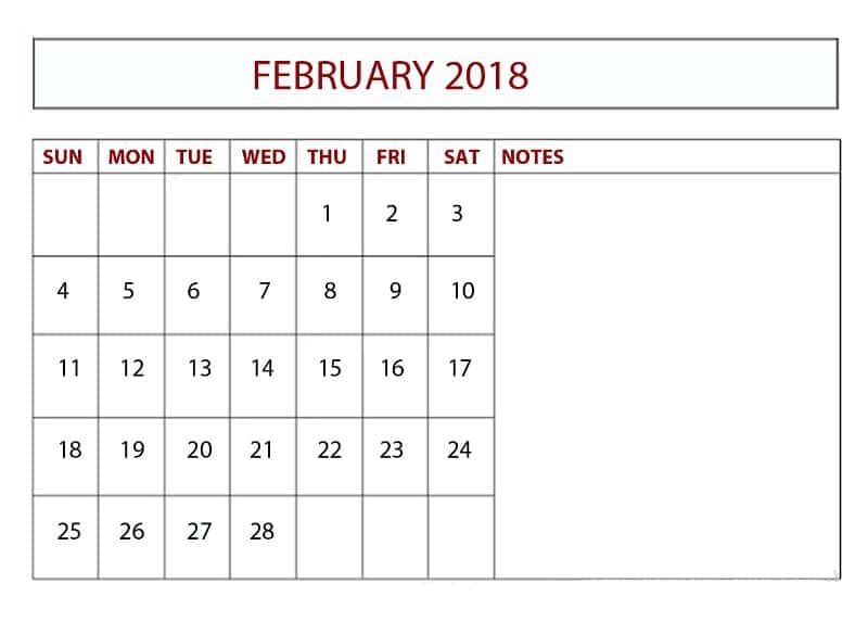 2018 February Calendar Template