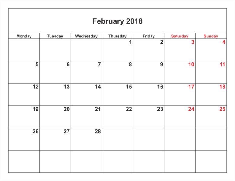 2018 February Calendar Template
