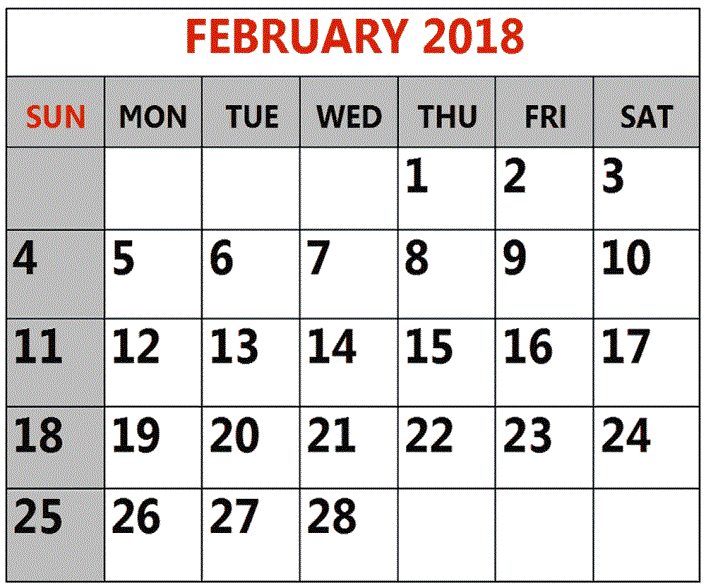 2018 February Calendar word