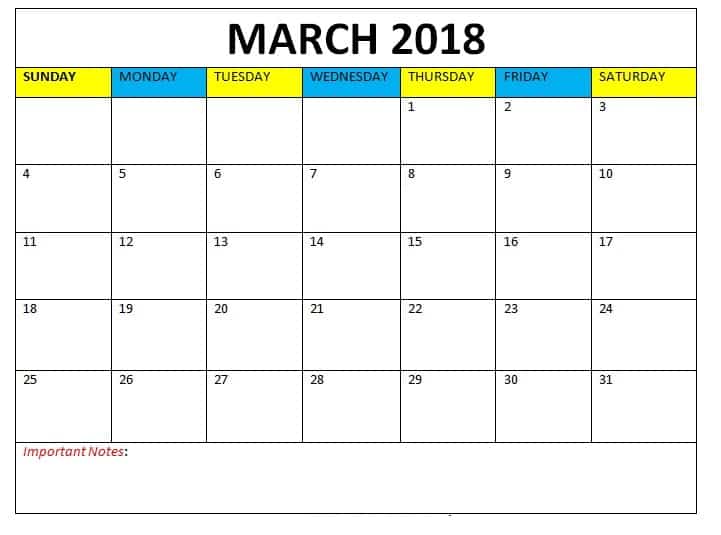 2018 March Calendar Printable