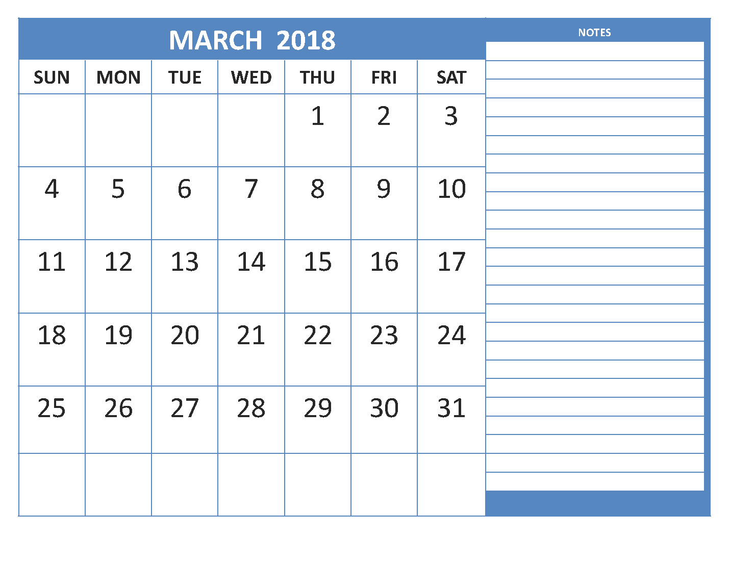 2018 March Calendar Printable