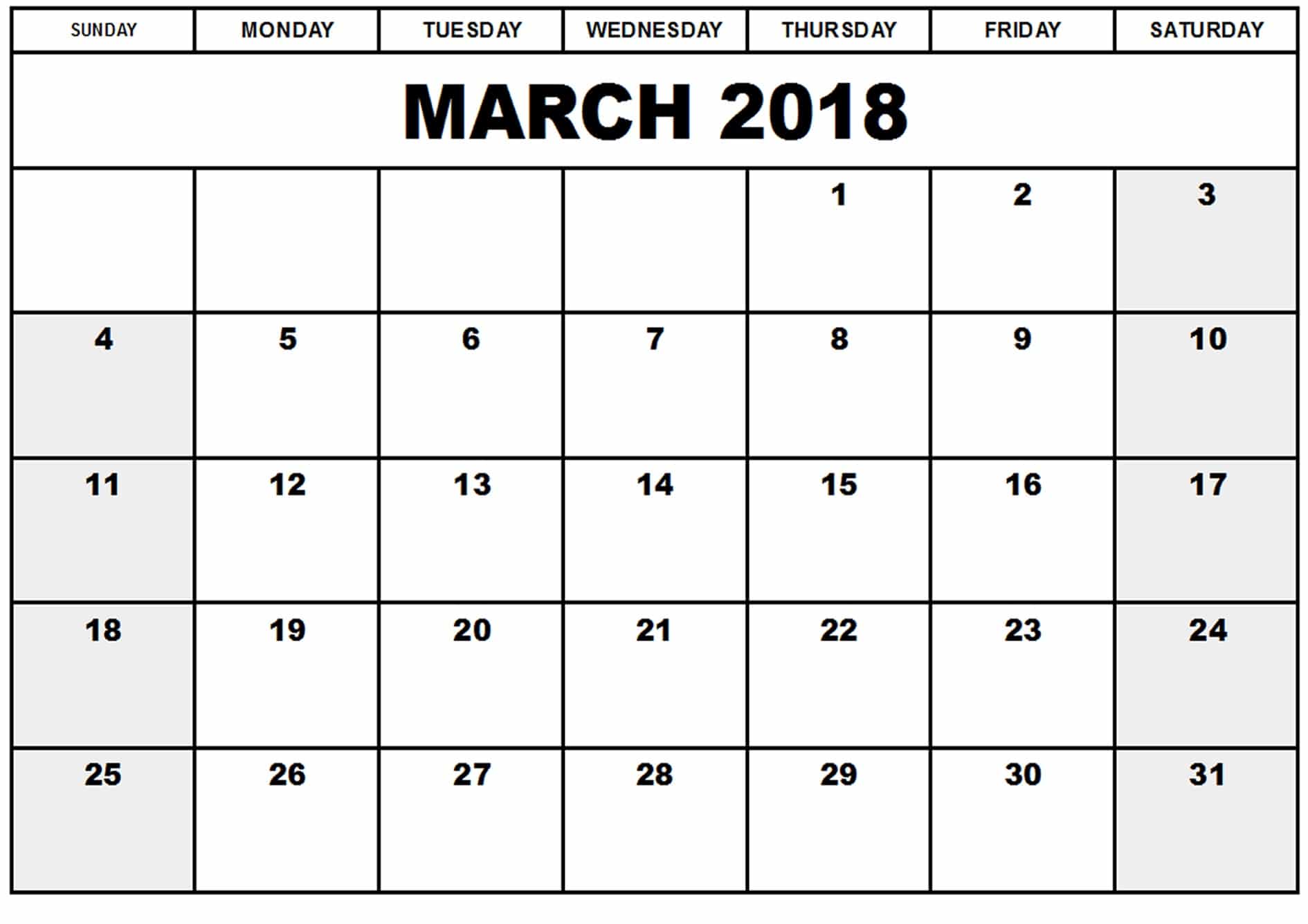 2018 March Calendar Template