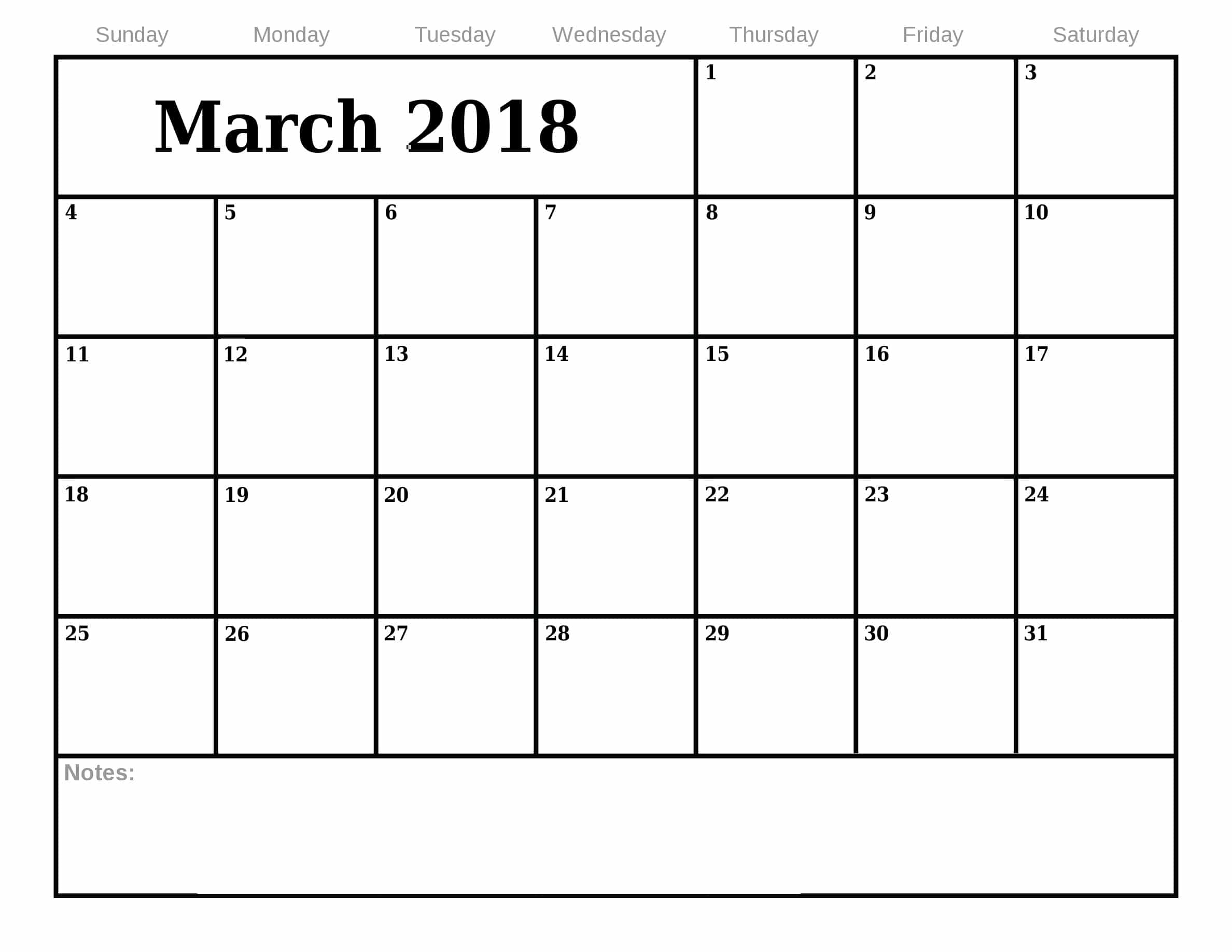 2018 March Monthly Printable Calendar