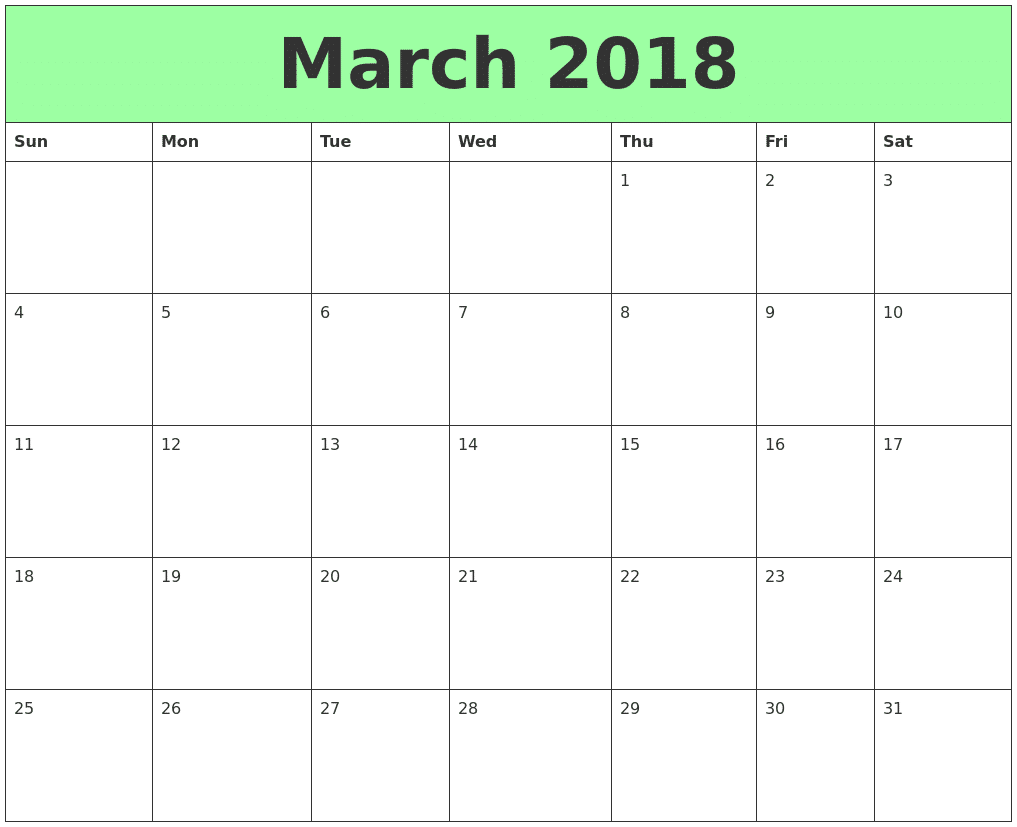2018 Monthly March Printable Calendar