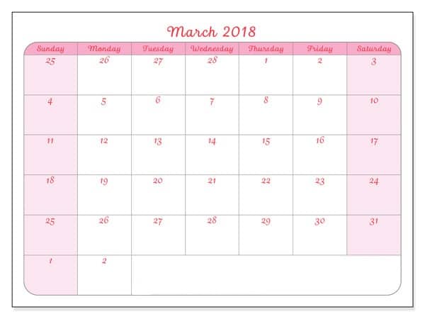 Calendar March 2018 Printable