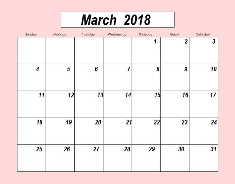 Cute March 2018 Calendar Blank