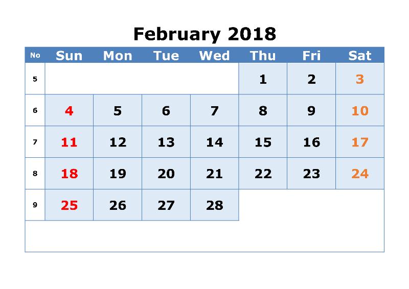 February 2018 Calendar Monthly