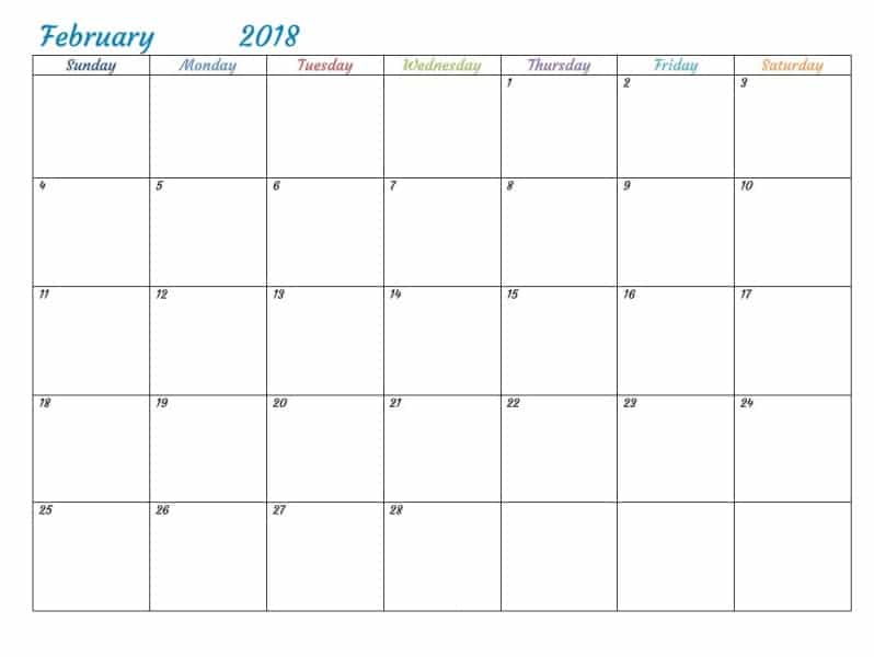 February 2018 Calendar Printable Template