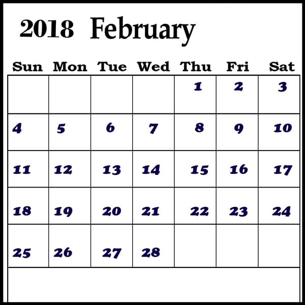 February 2018 Monthly Printable Calendar