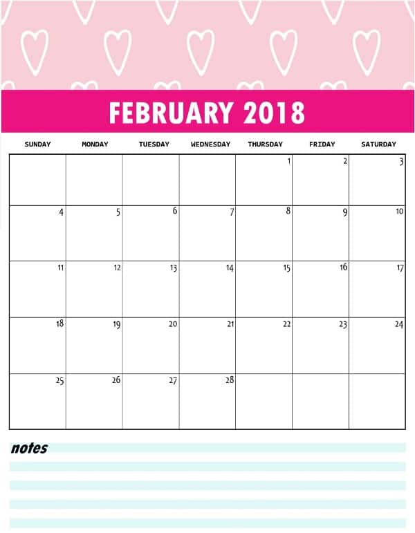 February Calendar 2018 Printable