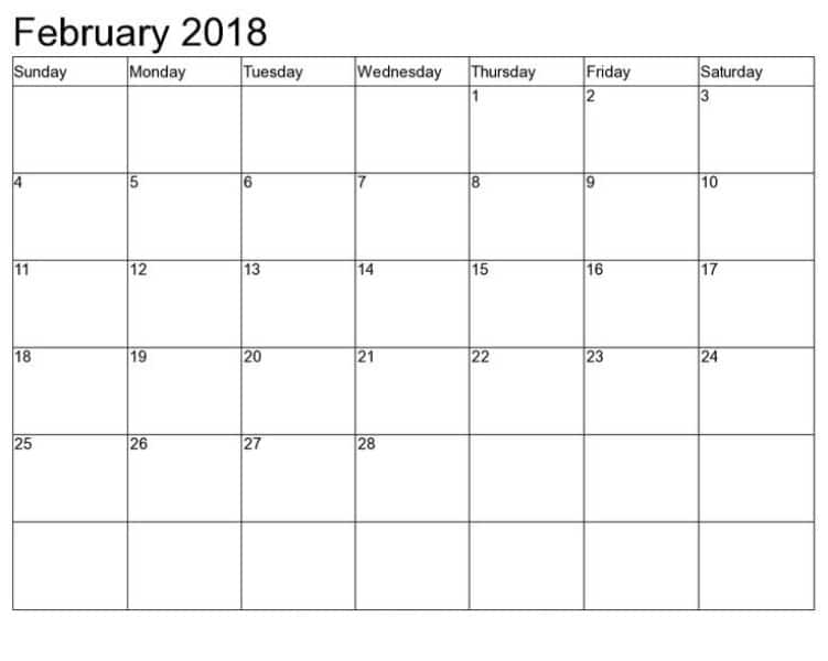 February Calendar 2018 Template