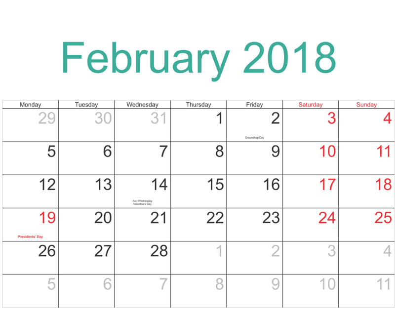 February Calendar 2018 free images