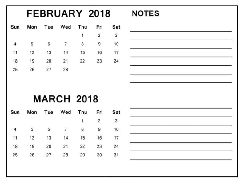 February March Printable 2018 Calendar