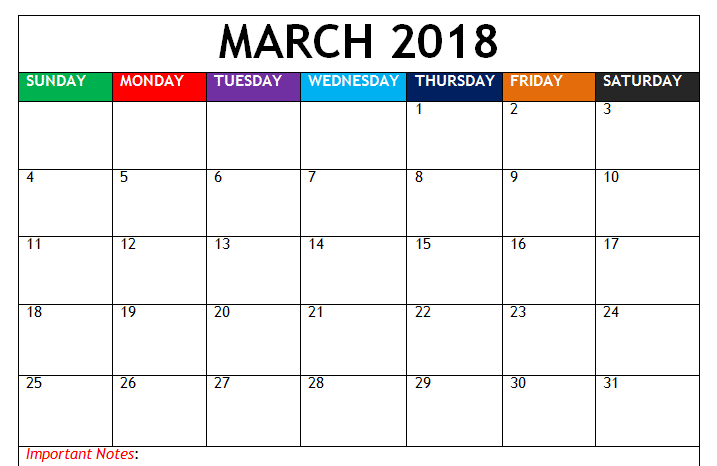 March 2018 Blank Monthly Calendar