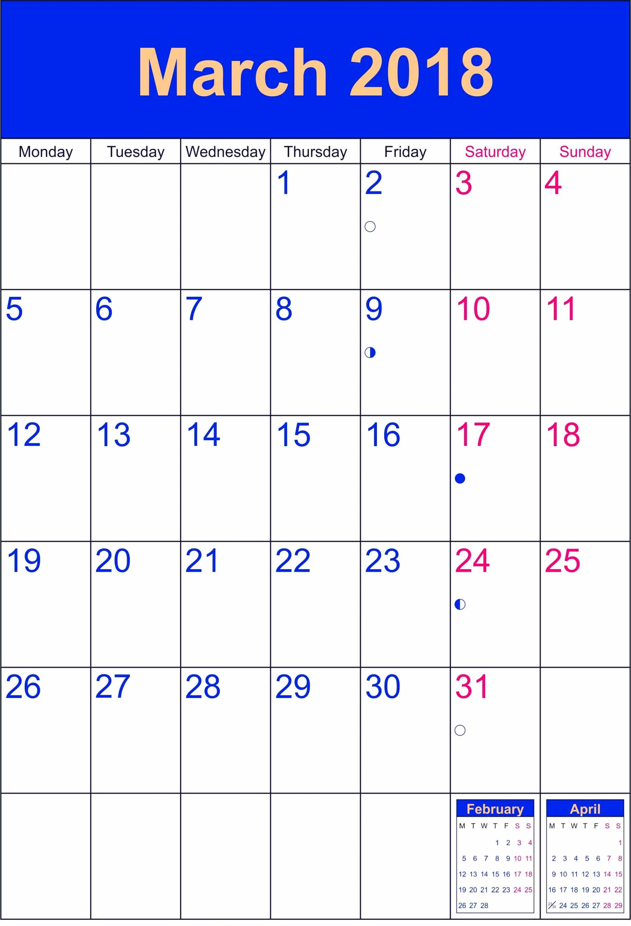 March 2018 Calendar Excel