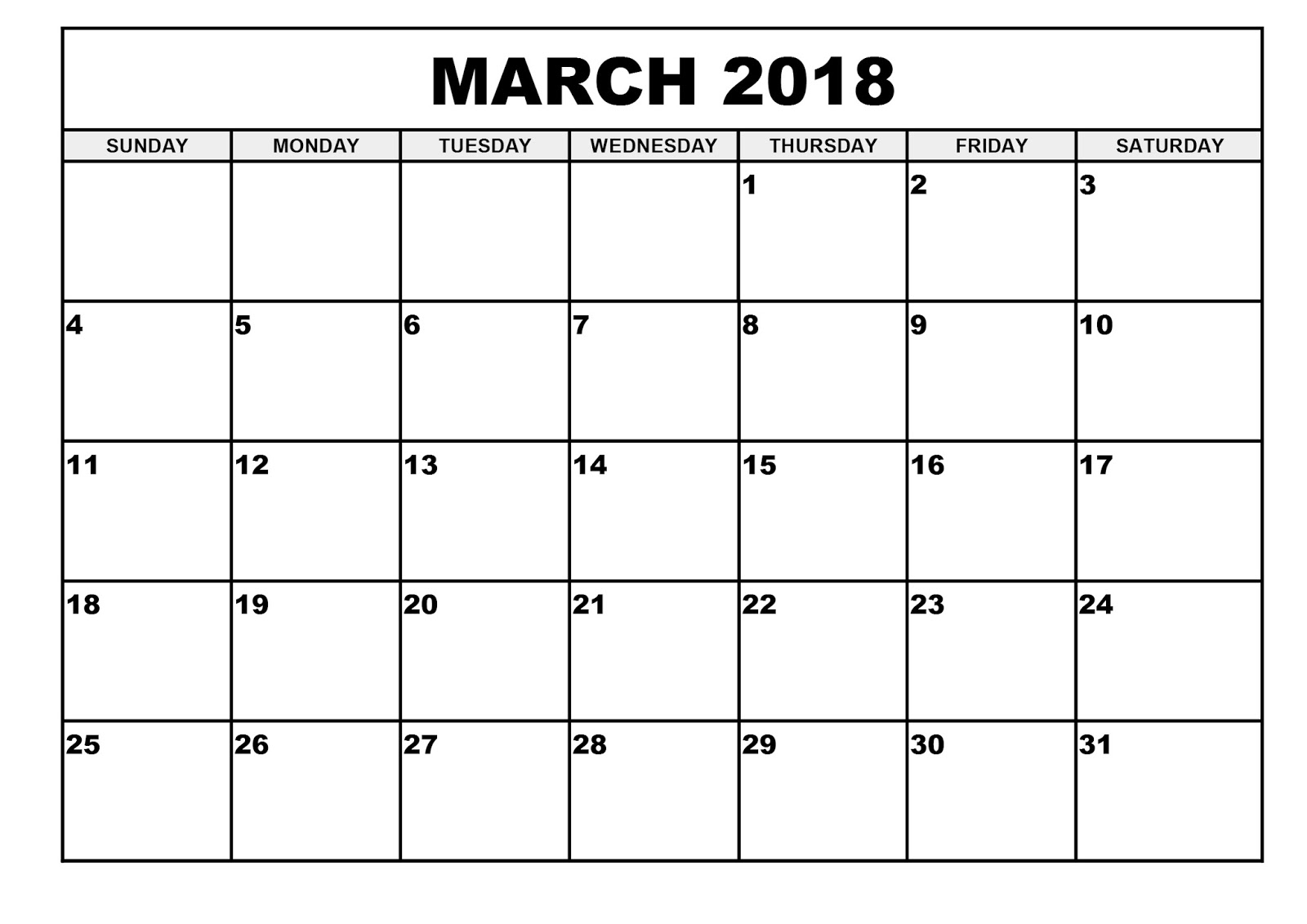 March 2018 Calendar Printable