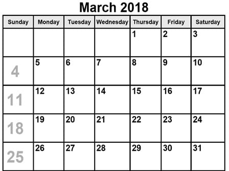 March 2018 Calendar Printable Pdf