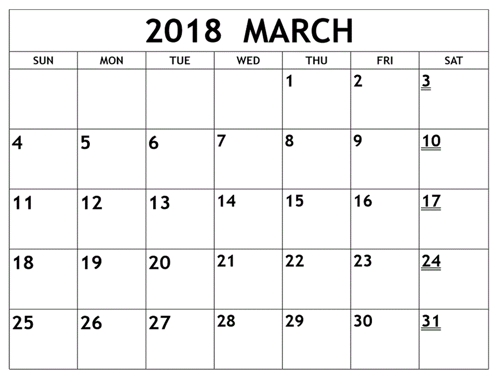 March 2018 Calendar Printable Template