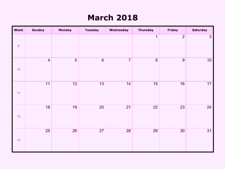 March 2018 Calendar UK