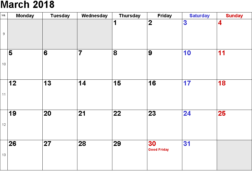 March 2018 Calendar With Holidays