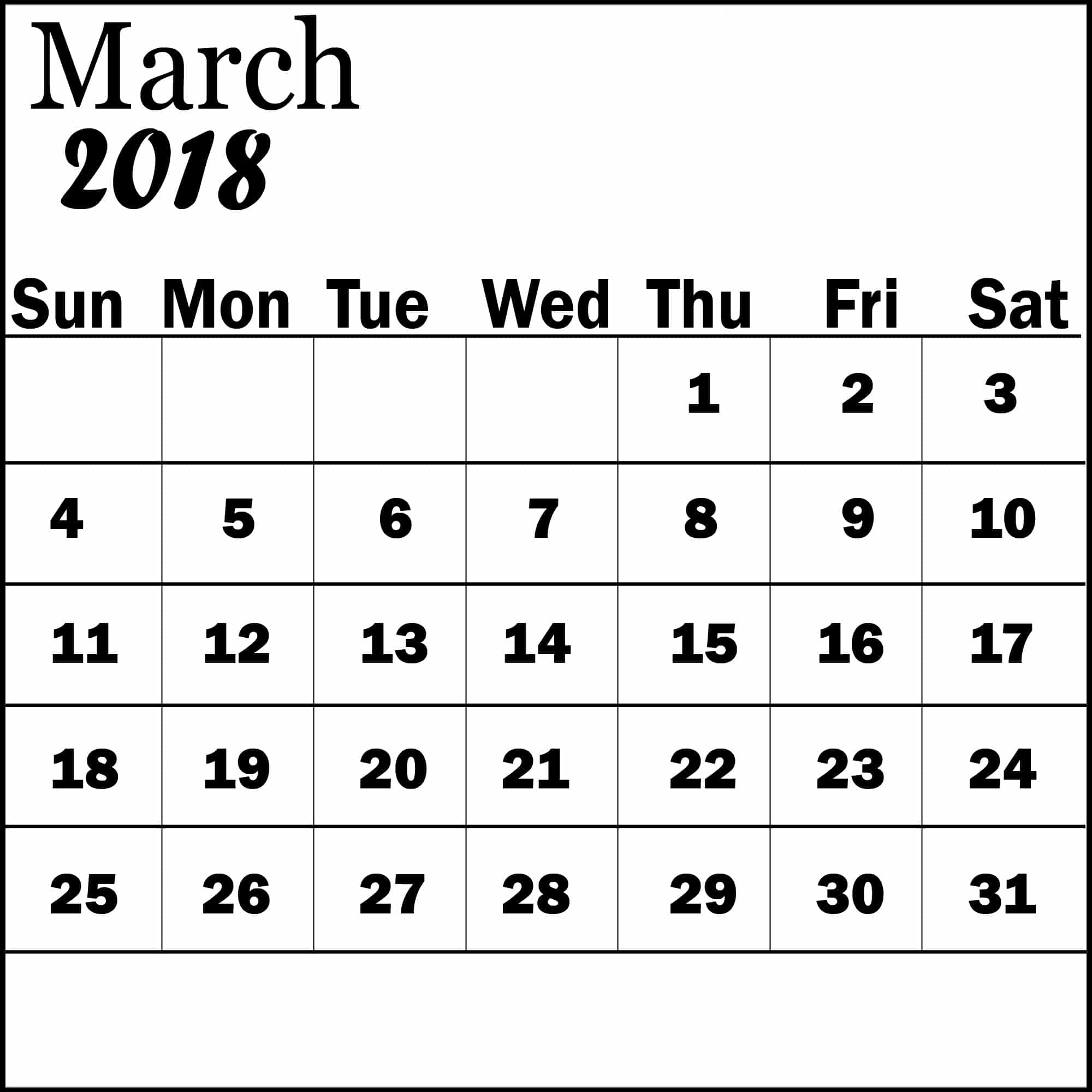 March 2018 Cute Calendar Printable