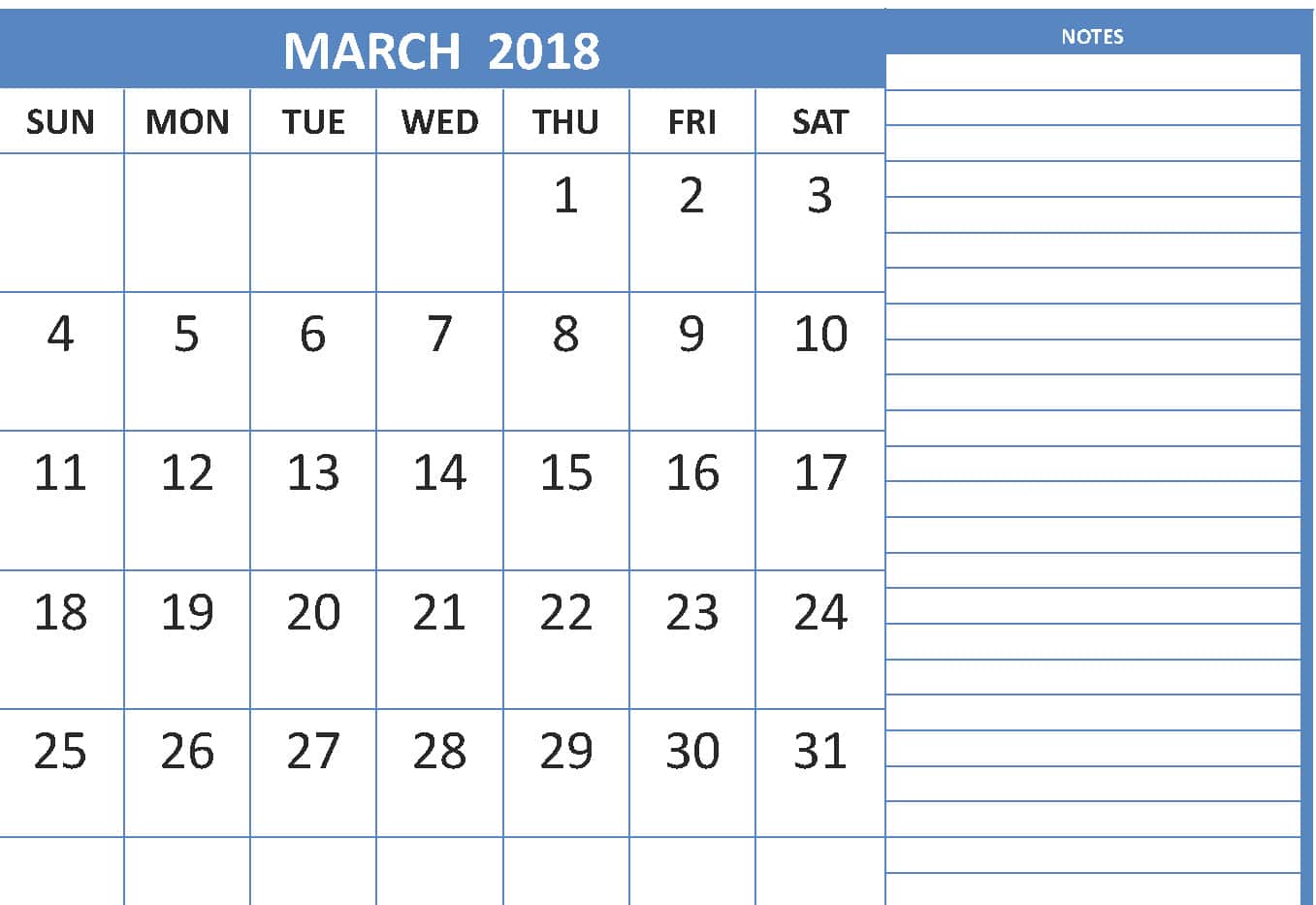 March 2018 Monthly Calendar