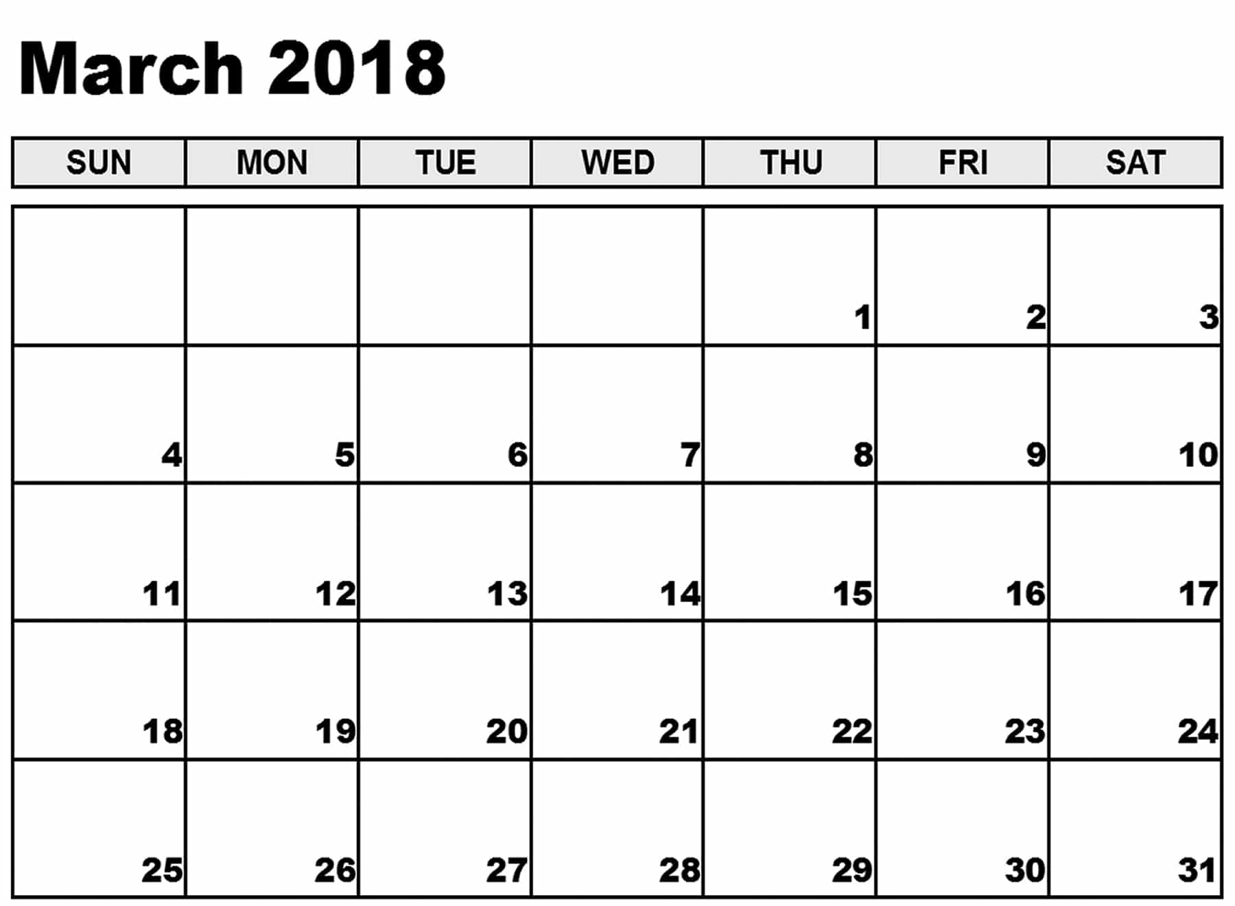 March 2018 Printable Calendar