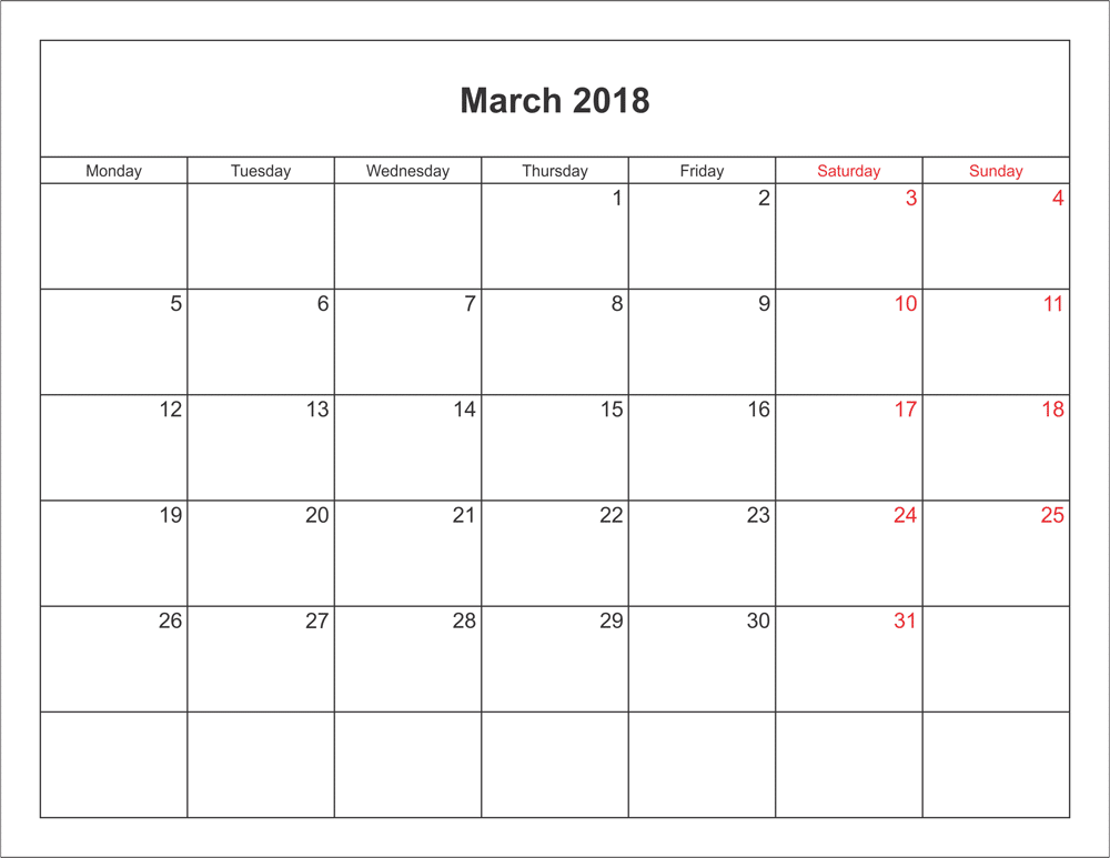 March 2018 Printable Calendar Template PDF