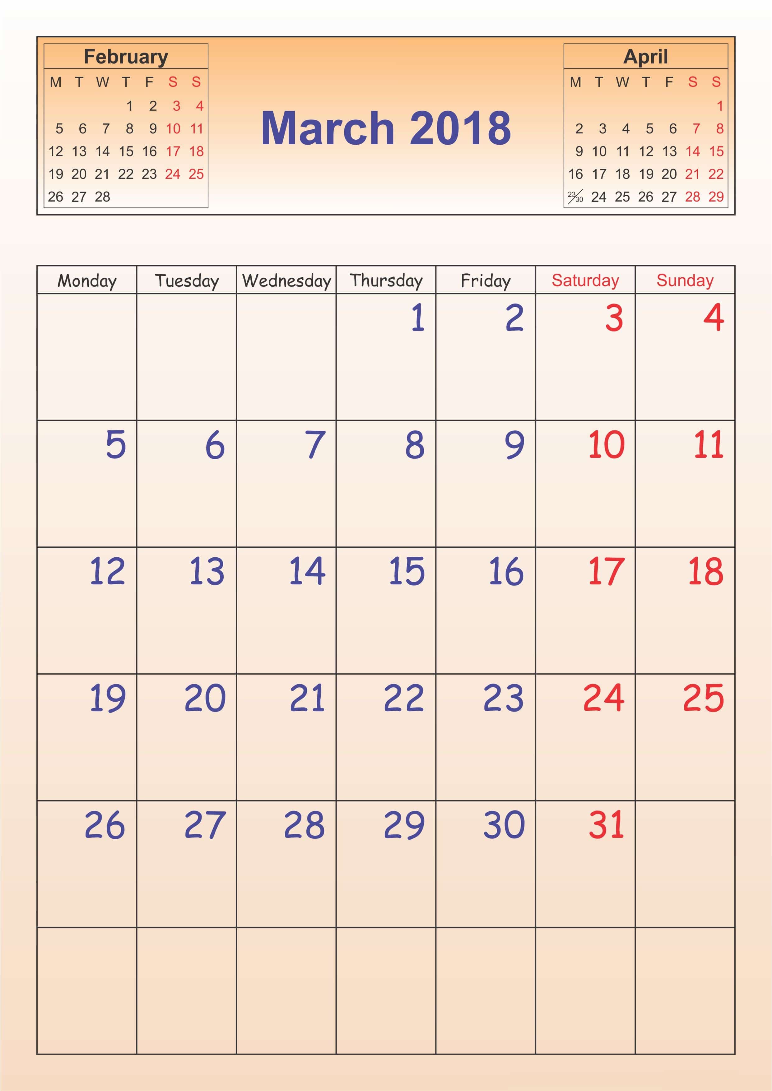 March April 2018 Calendar Printable