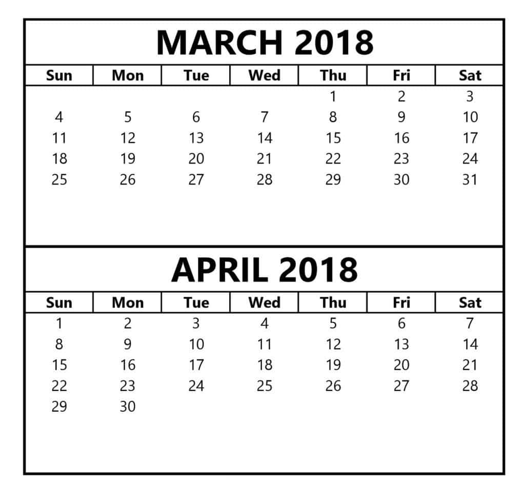 March April Calendar 2018 Printable