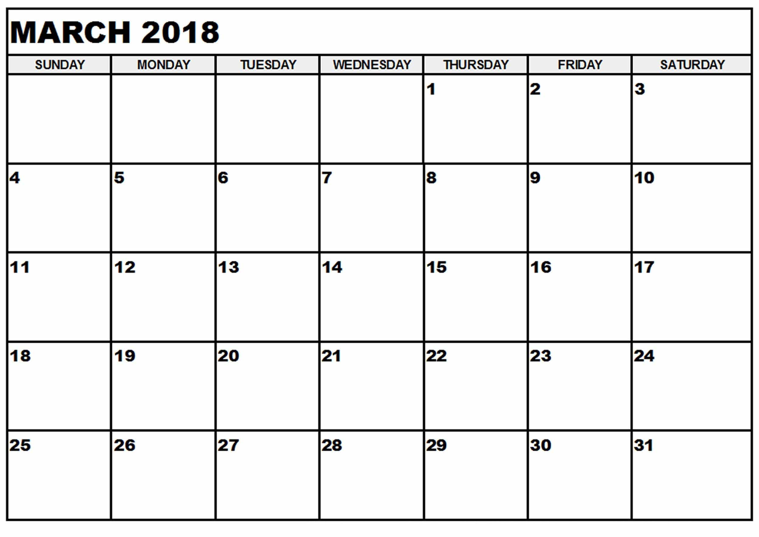 March Calendar 2018 Printable