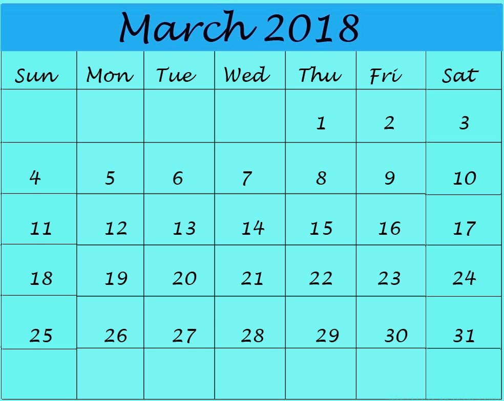Monthly March 2018 Calendar Blank