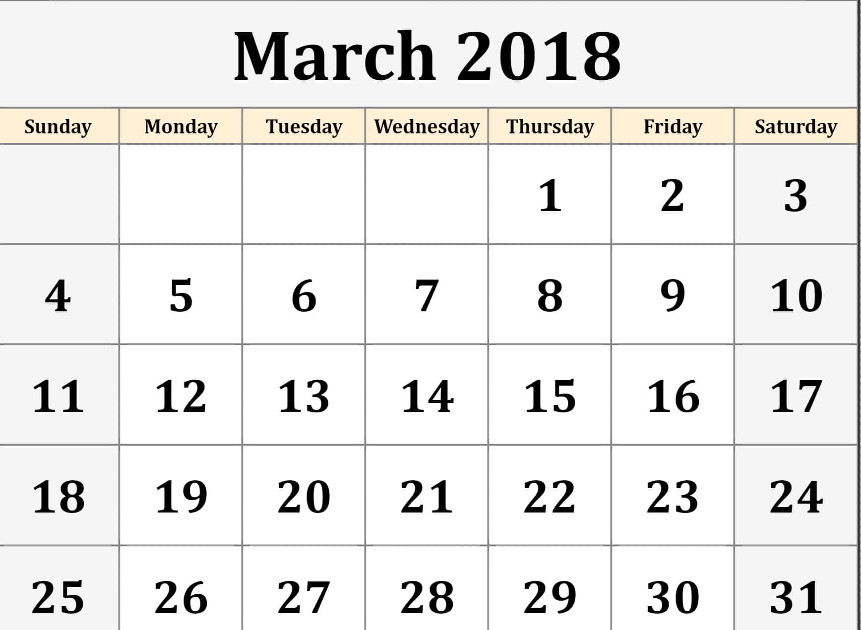 Monthly March Calendar 2018