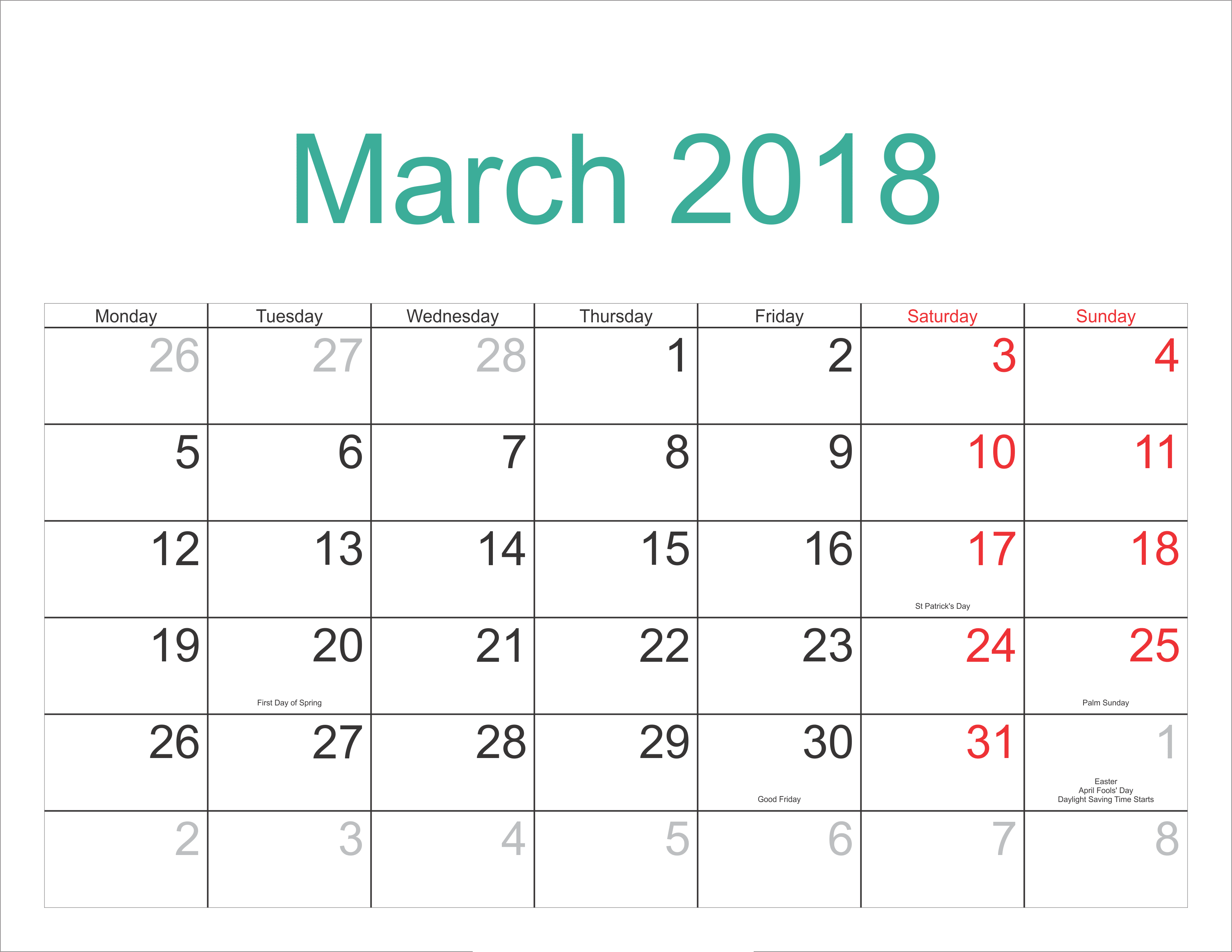 Moon Phases March 2018 Calendar