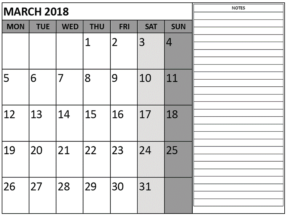 Printable 2018 March Calendar