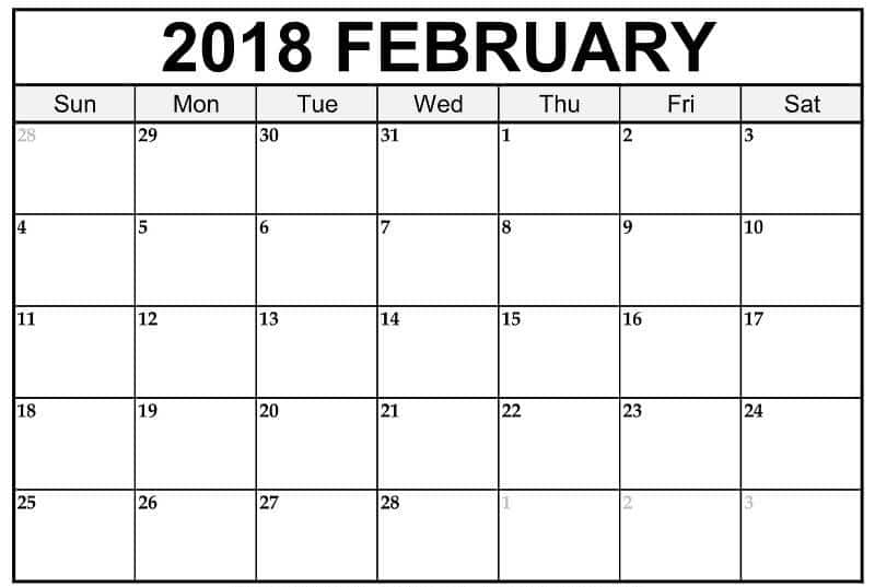 Printable Calendar February 2018 free download