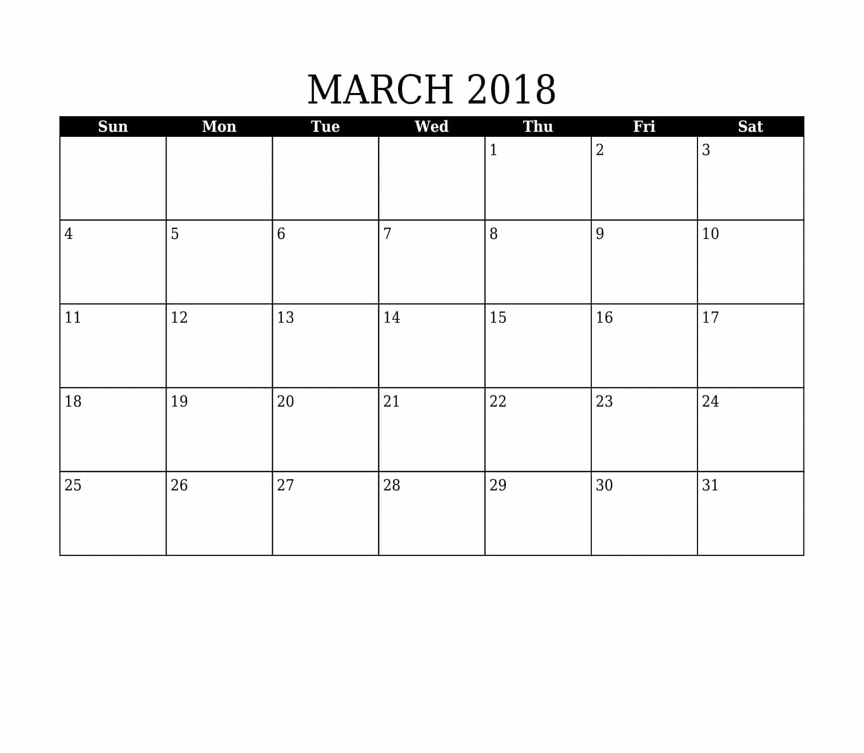 Printable Calendar March 2018