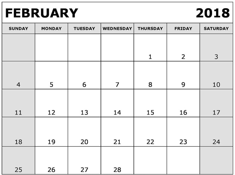 Printable February 2018 Calendar free templates